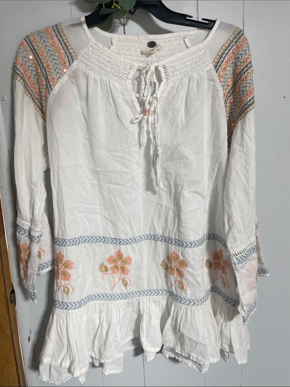 Cupio White Boho Tunic Dress with Pink & Gold Embroidery